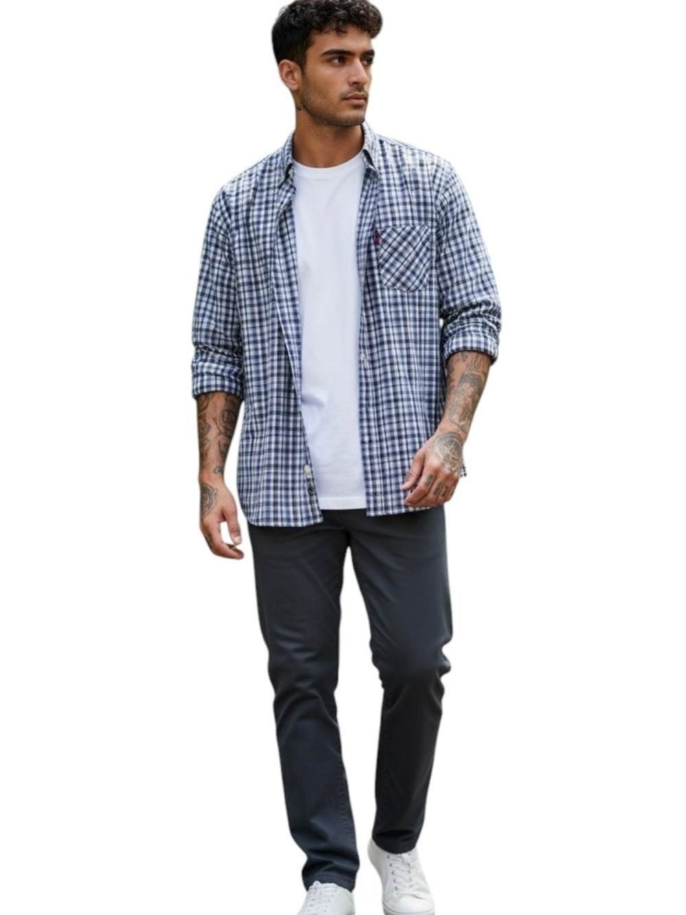 LEVI’S  button down shirt light plaid 100% cotton blue white L long sleeves